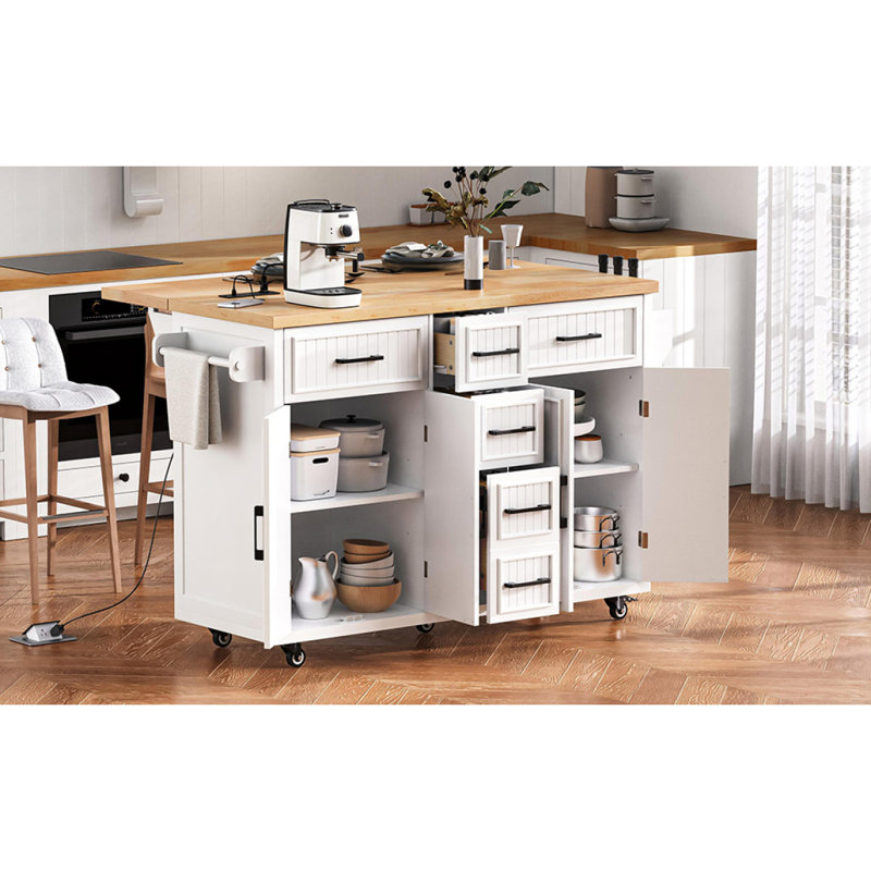 K&K 56.5'' Kitchen Island With Drop Leaf, Power Outlet, Embossed Vertical Stripe Rolling Kitchen Cart On Wheels With 4 Doors , 5 Deep Drawers And Adjustable Shelves, For Kitchen, Dining Room, White