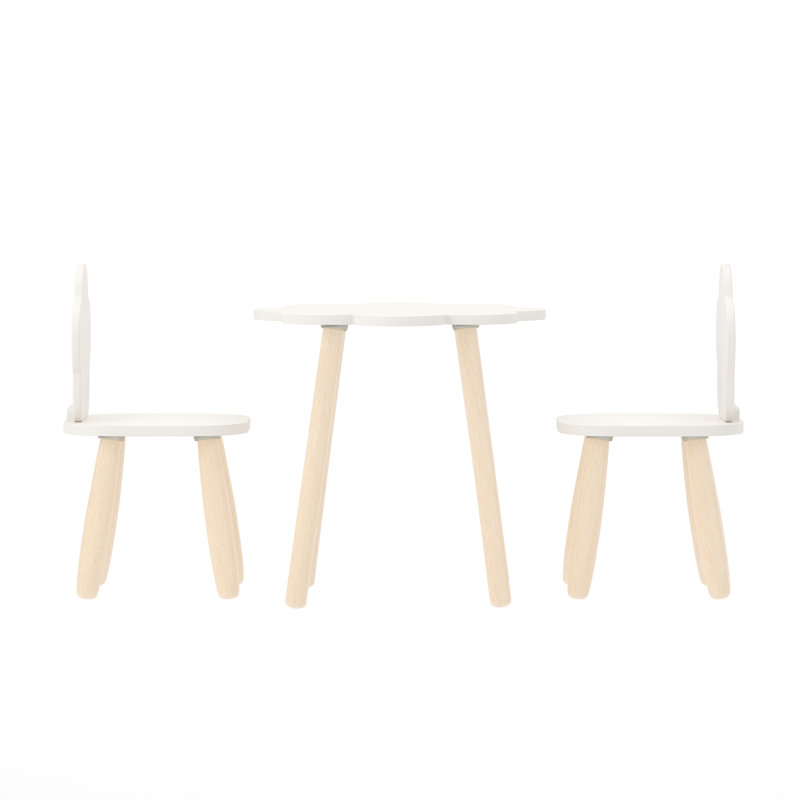3 Piece Kids Wooden Table And Chairs Set With Cloud Shaped Backrests And Tabletop, White