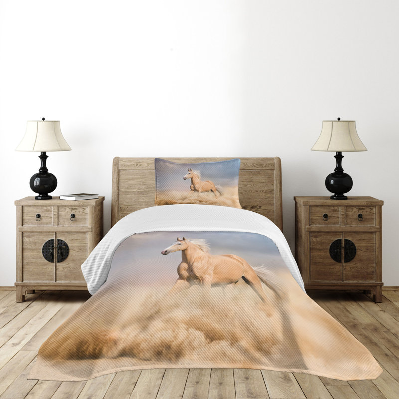 Twin Gray Quilted Horse Bedspread Set with Pillow Sham