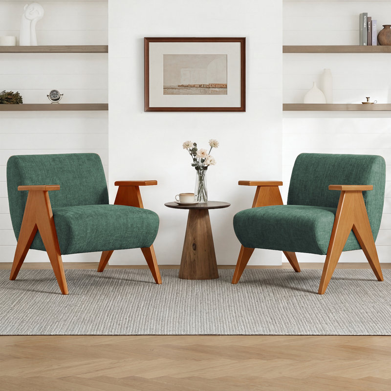 28"W Upholstered Arm Chair with Wood Legs, Green