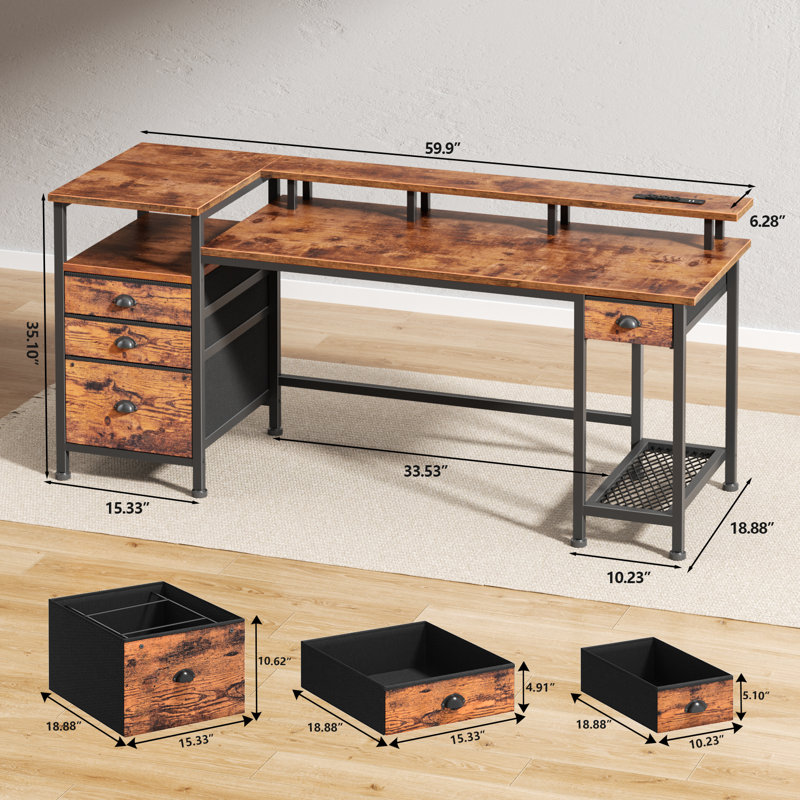 Computer Desk With Led Lights And Power Outlets, Gaming Desk With Monitor Stand,Home Office Writing Desk With 3 Fabric Cabinet And 1 Fabric File Cabinet