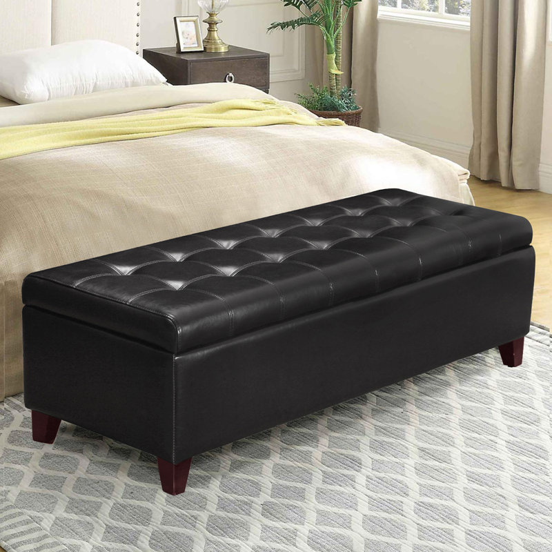 Black Tufted Faux Leather Storage Ottoman Bench