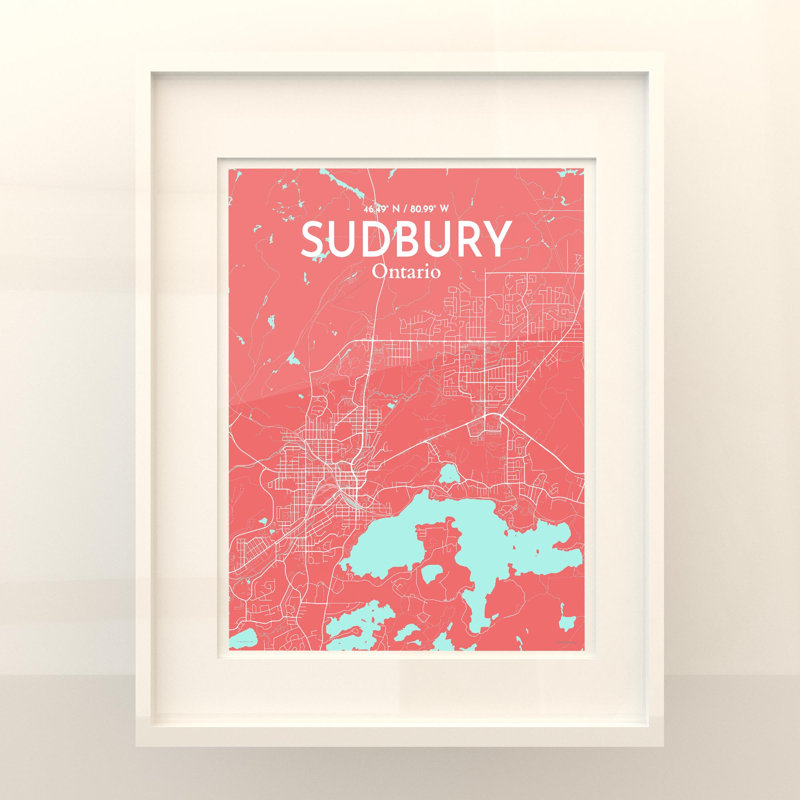 Sudbury City Map, impression, Rose / bleu pastel, H 20 po x l 16 po