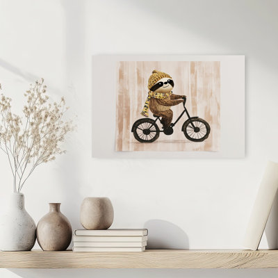 «Happy Sloth Riding Bike Playful Whimsical Contemporary Animal Winter», reproduction d'art mural