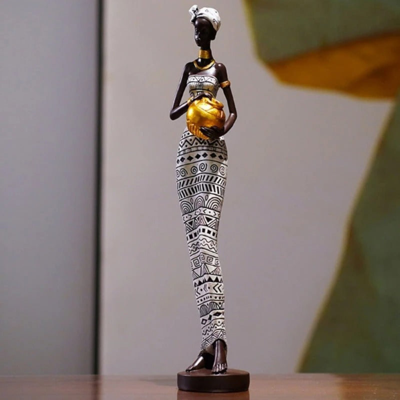 African Sculpture Decor Art Of Tribal Lady, Black/White