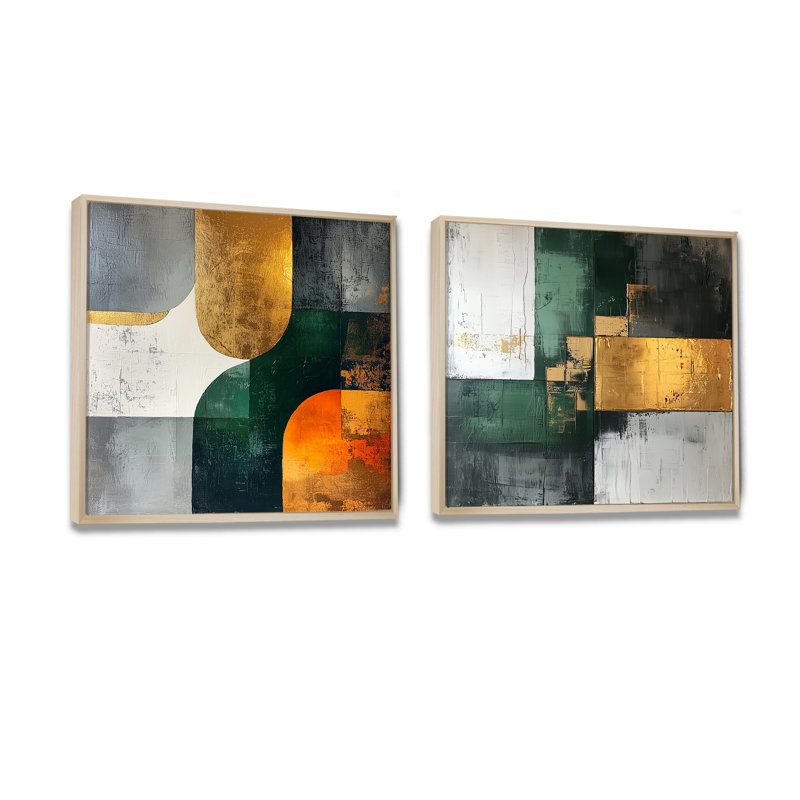 2 pièces géométriques dorées vertes et grises Pure Form I - décoration murale géométrique, Crème, crème, H 36 po x l 73 po