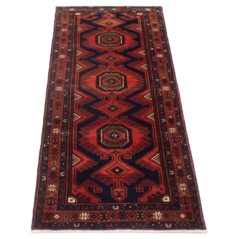 Tapis de couloir bleu marine en laine noué à la main de conception unique 3 pi 5 po x 10 pi 2 po Moana