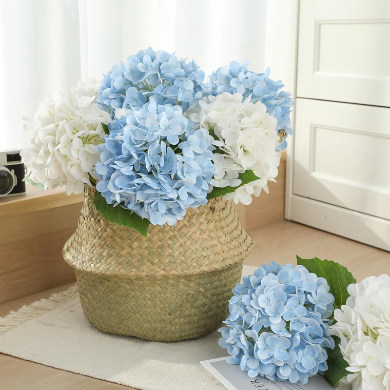 5 pièces d'hortensias artificiels bleus en latex artificiels avec des tiges pour la maison