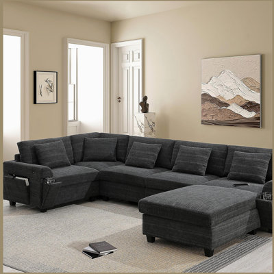 Canapé modulaire en forme de U de 128 x 67 po, ensemble de canapé en chenille 6 places avec repose-pieds surdimensionné, rangement pour accoudoirs et porte-gobelets cachés, ports de chargement USB, canapé à siège large pour le salon, appartement