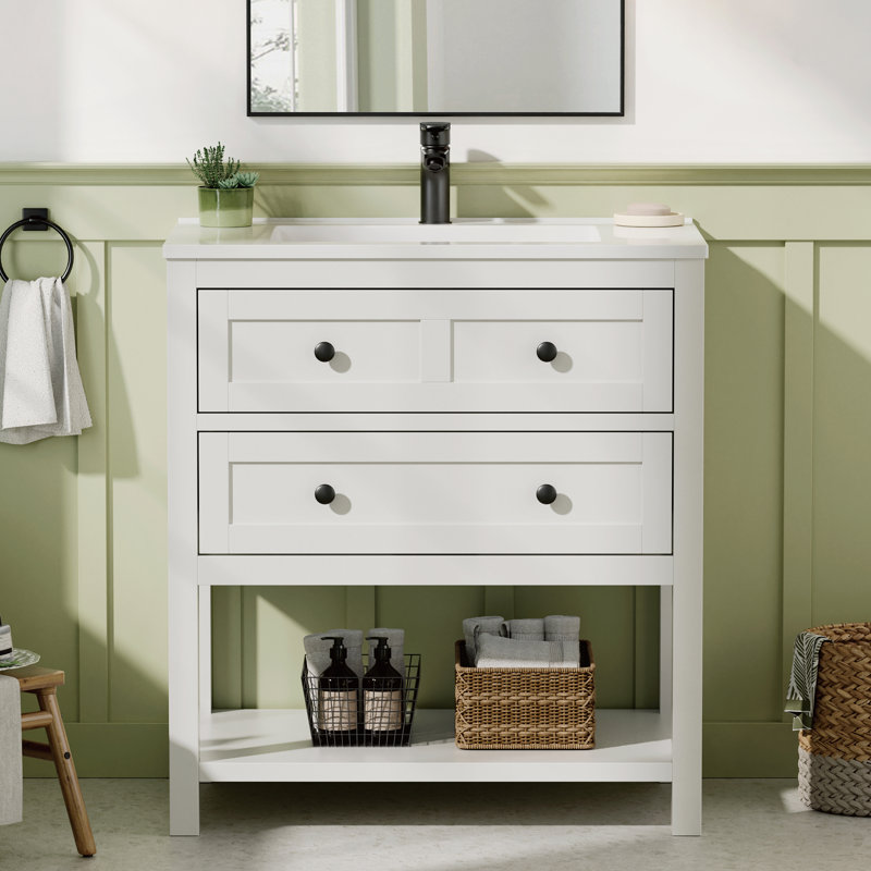 Wilce Meltiva Single Sink Bathroom Vanity With Solid Surface Composite Top, White, 30"