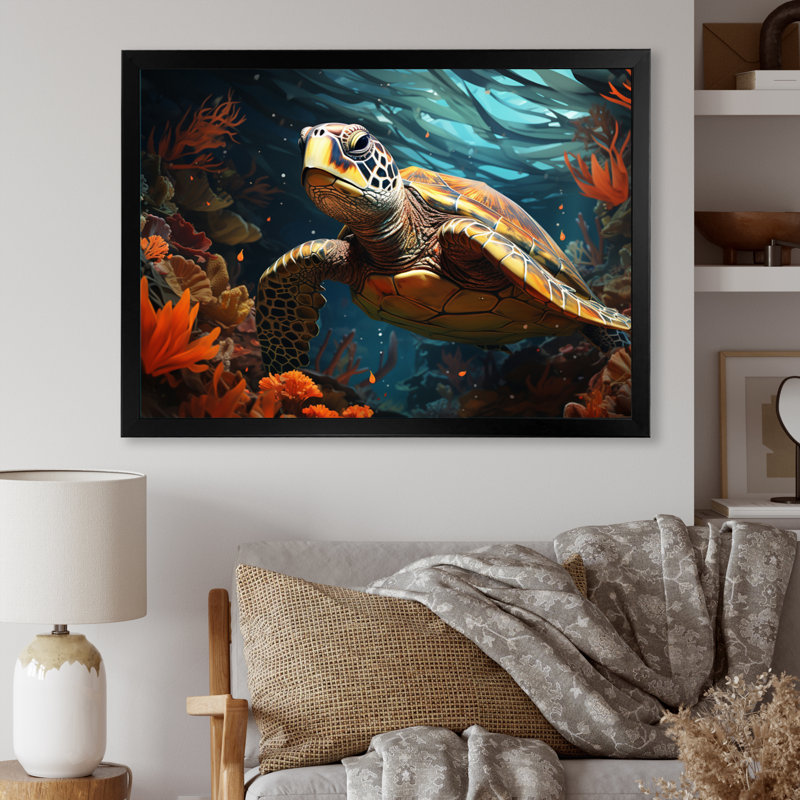 «Turtle Aquatic Wanderer», impression géométrique sur toile, Cadre simple noir, H 34 po x l 44 po x P 1,5 po