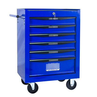 Armoire 6 coffres à outils, acier noir et bleu de 20 po, glissières de tiroir à roulement, 4 roues, verrouillable, chariot d'atelier à poignée à tirer, matériau en acier, + bleu, tiroirs, conception verrouillable