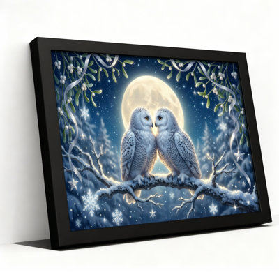 «Snowy Owls On Branch Under Full Moon Winter Scene», reproduction d'art sur toile tendue sur toile, ensemble de 1