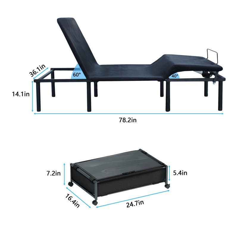 Loressa Adjustable Bed Base - Three Fold-TXL-Motorized Head and Foot Incline - Twin LX, 78.3'' L x 36.2'' W x 14.2'' H, and 1pcs Under Bed Storage With Wheels