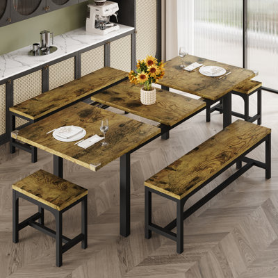 Ensemble de table de salle à manger 5 pièces pour 4 à 8 personnes, ensemble de table de cuisine extensible avec 2 bancs et 2 tabourets carrés, brun rustique