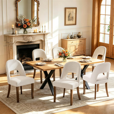 Linen Upholstered Dining Chairs With Curved High Back And Solid Wood Legs