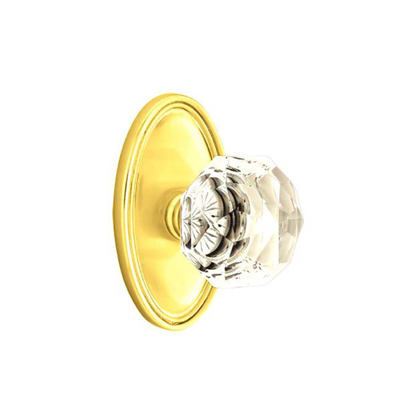 Emtek Dummy Knobset w/ Oval Roestte and Diamond Glass Knob, Polished Brass