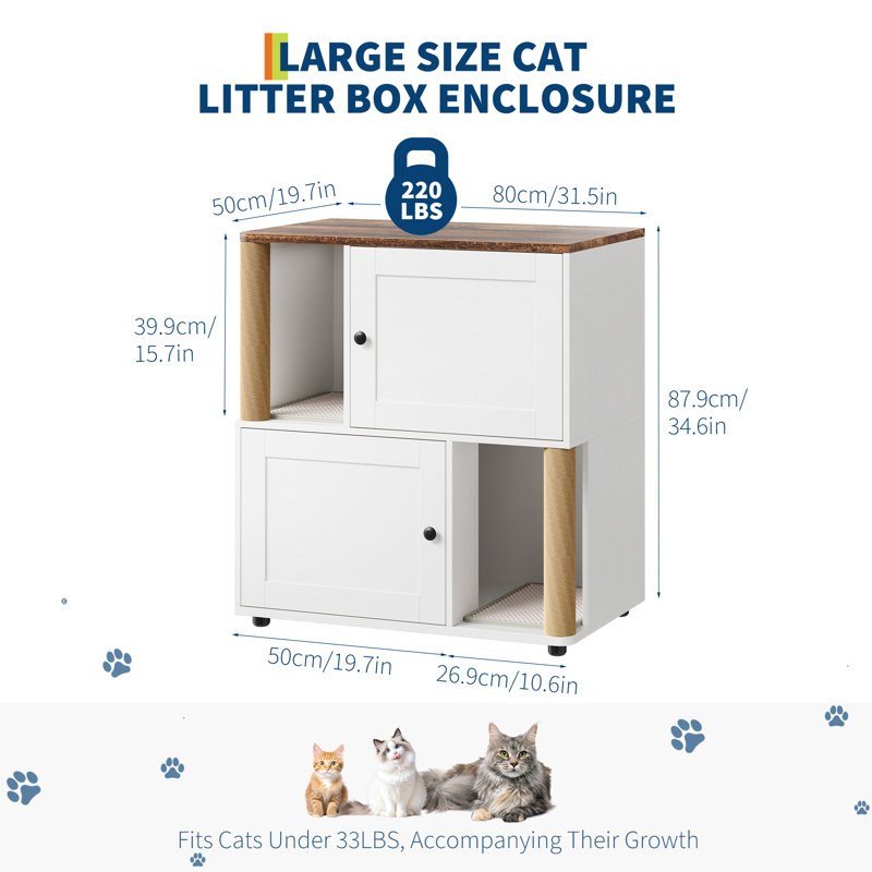 Double bac à litière pour chat, enceinte cachée avec poteaux en sisal et tapis, blanc