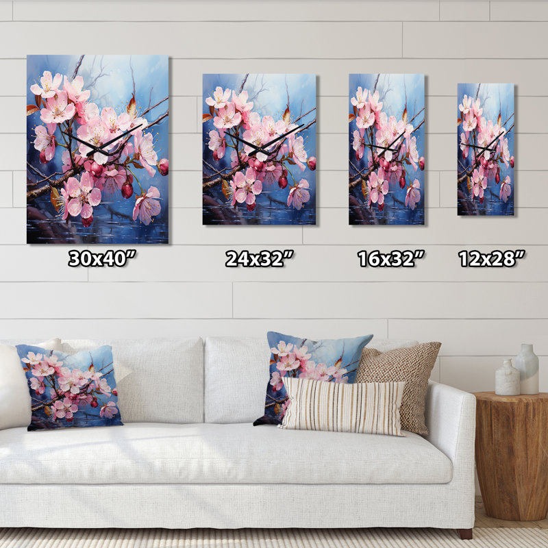 Fleur de pommier impression romantique - horloge murale florale surdimensionnée, H 32 po x l 24 po x P 1 po