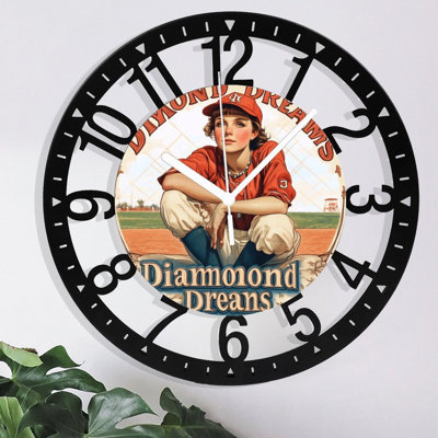 Metal Wall Clock for Living Room -10" Diamond Dreams Baseball Player Field Silent Non Ticking,Battery Operated, Antique Clocks for Farmhouse,Bedroom,Kitchen - Arabic Numerals