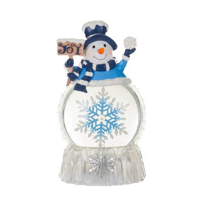 Blue Plastic Snowman Cool White LED Snow Globe with with Snowflake and Swirling Glitter