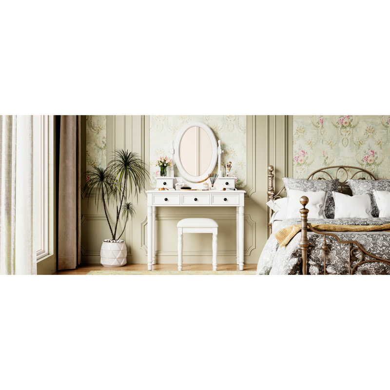 Coiffeuse blanche rétro avec miroir ajustable à 180 degrés, 5 tiroirs de rangement et tabouret assorti, bois massif pour le caoutchouc de la chambre à coucher