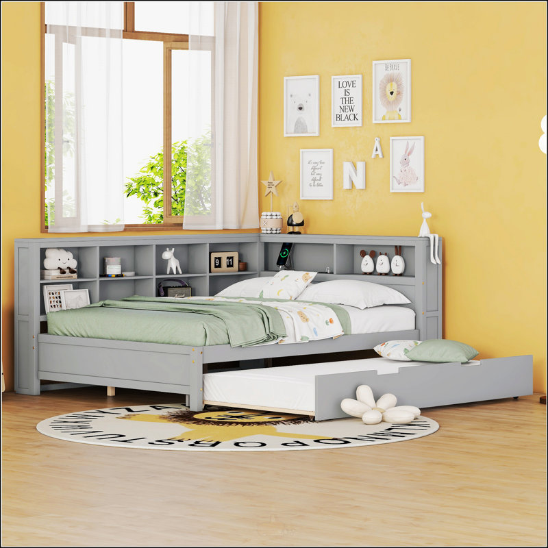 Lit de jour double en bois avec lit gigogne simple, tablette de rangement et chargement USB, parfait pour les espaces de vie modernes et fonctionnels