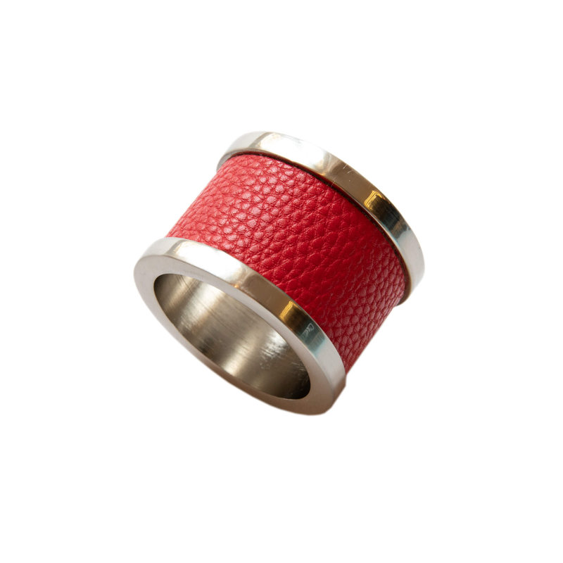 Rond de serviette en zinc et cuir - rouge, Rouge
