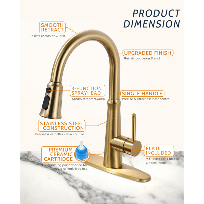 WOWOW Pull Out Kitchen Faucet with Soap Dispenser, Gold