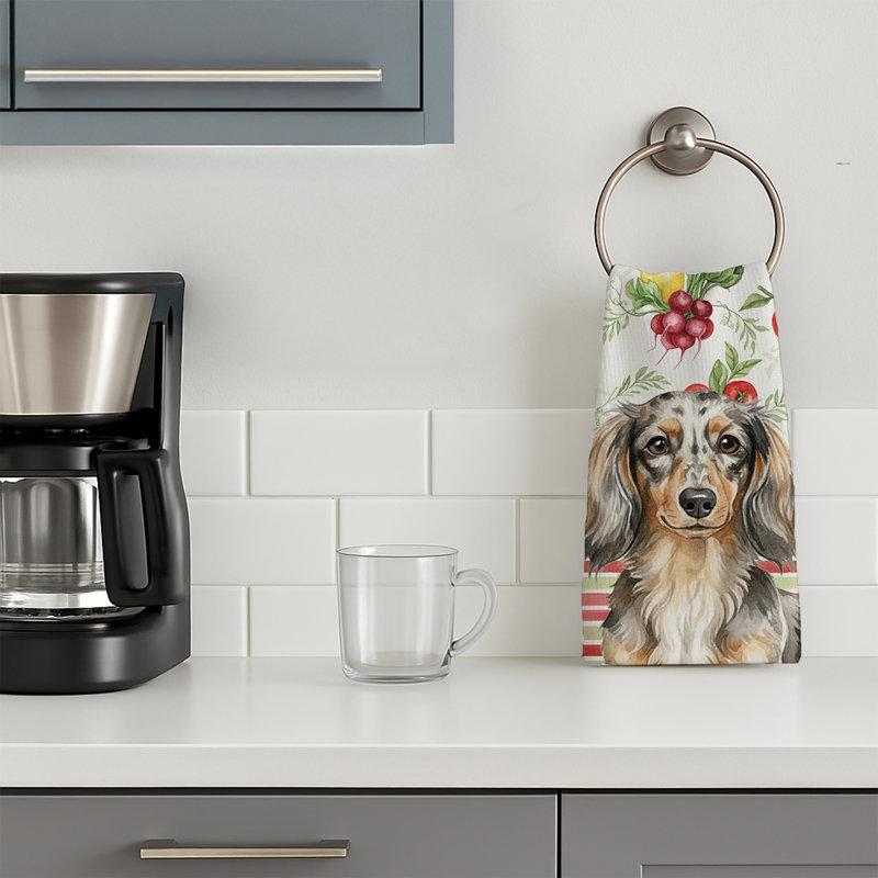 Longhaired Dapple Dachshund Vegetables Kitchen Towel, Longhaired Dapple Dachshund