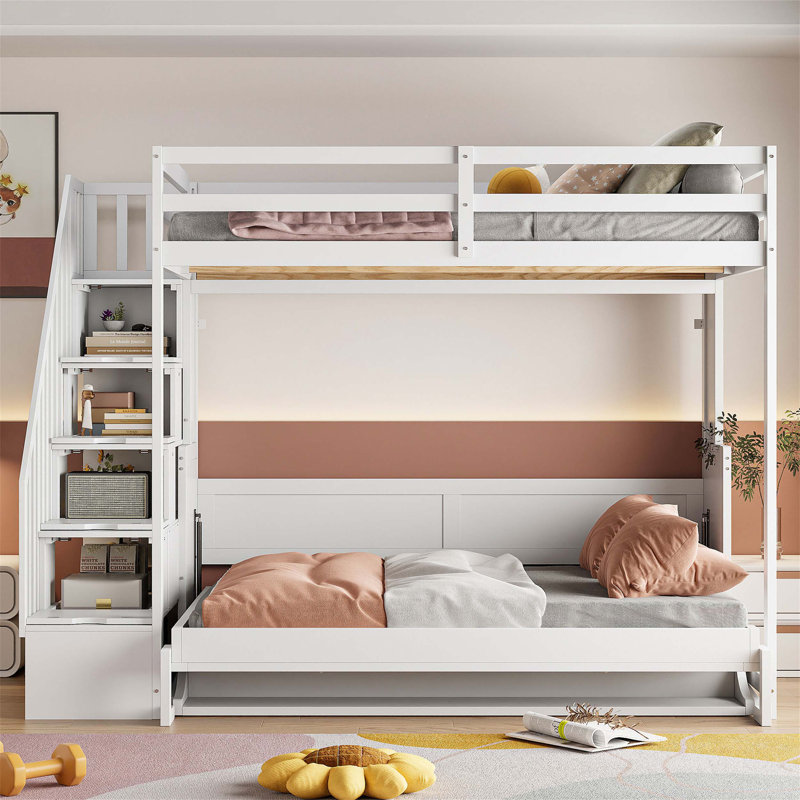 Lit escamotable innovant avec levage hydraulique et conception de bureau caché, combinant un lit superposé et un lit mezzanine pour une utilisation optimale de l'espace