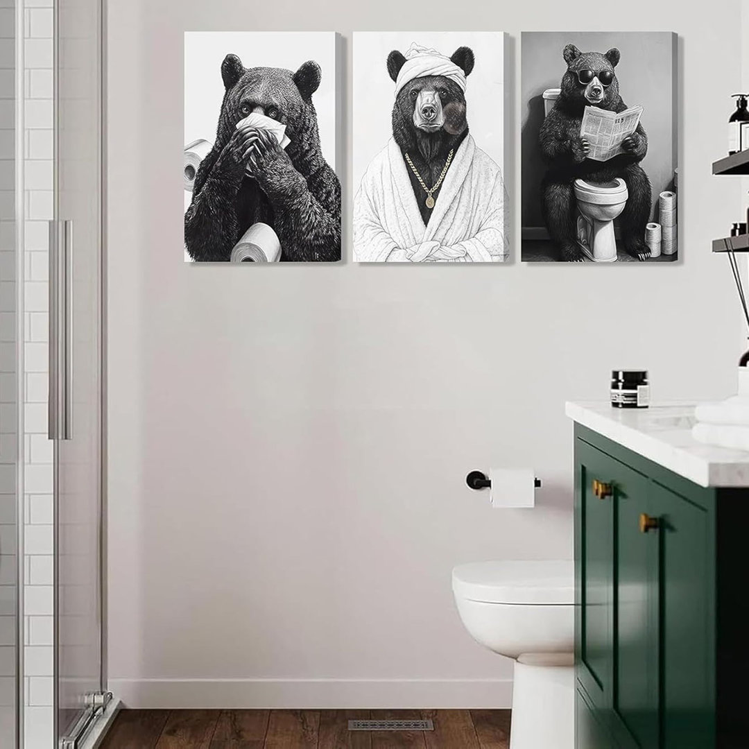 3Pcs Frame Black Bear Bathroom Wall Art Funny Bear Toilet Paper Covering Nose Painting Reading Newspapers Pictures Black And White Animal Wall Decor P