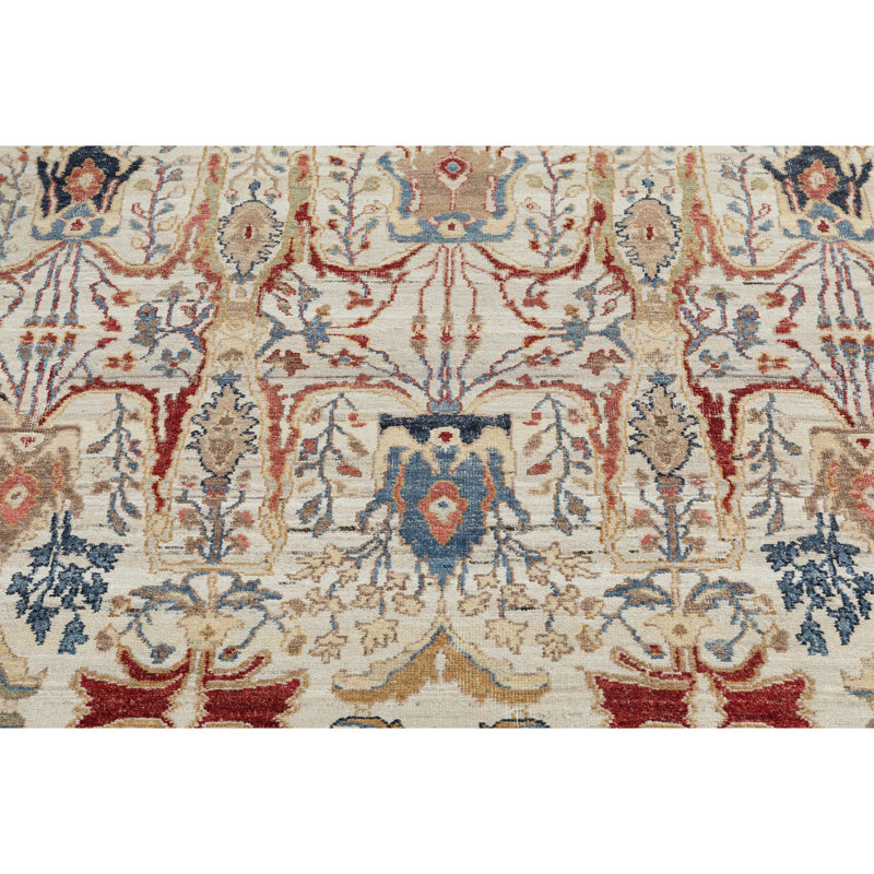 Wool Damask Area Rug in Ivory/Red/Blue/Brown, Rectangle 9' x 12'