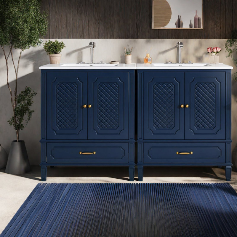 Ensemble de coiffeuses doubles spacieuses avec armoires en bois d'acacia, design rétro