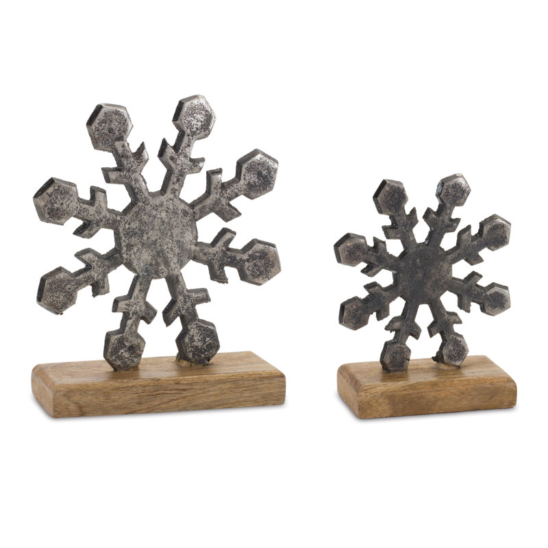 Distressed Aluminum Snowflake Decor on Natural Wood Base Set