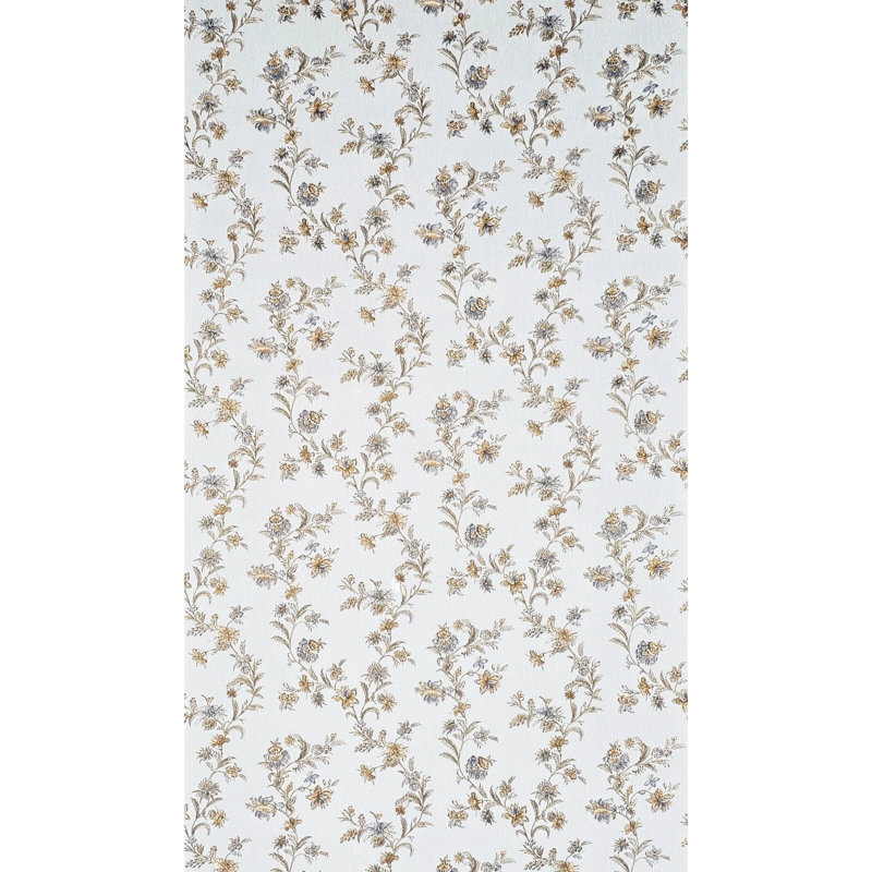 Papier peint en simili tissu botanique avec fleurs bleues et blanc cassé
