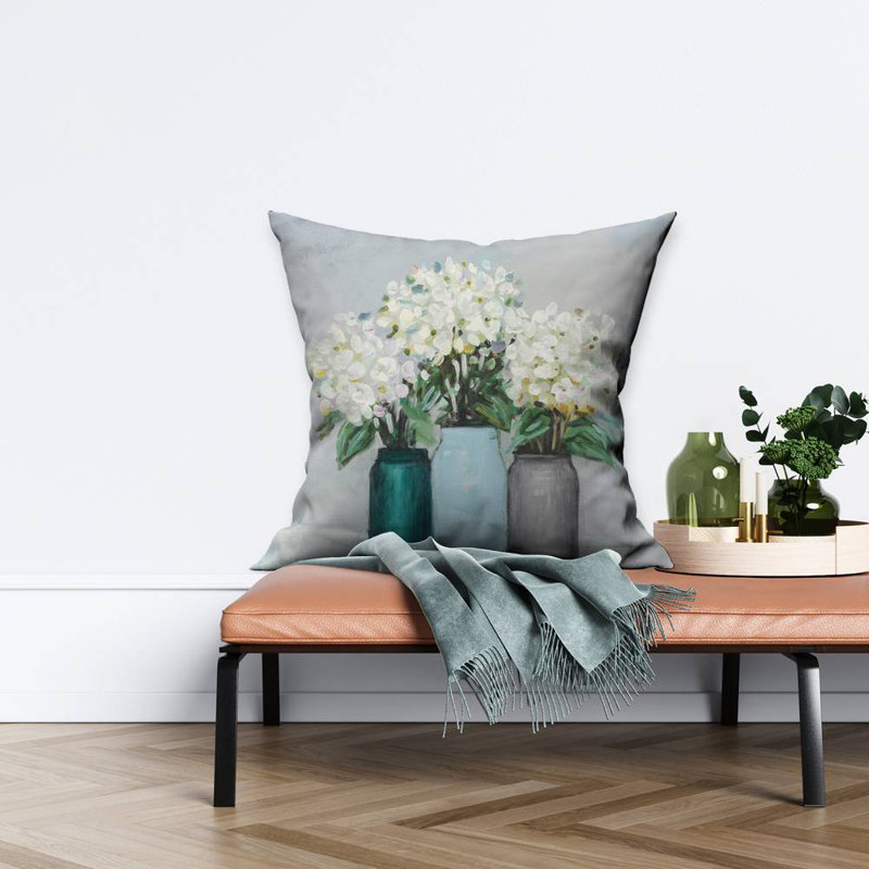 Hydrangea flowers in blue vases - 26"x26" Throw pillow - Poly twill - Print on demand, Polyester/Polyfill, 24" H x 24" W