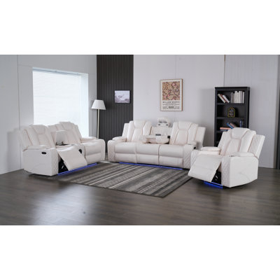 Ensemble de salon 3 pièces inclinable électrique moderne en similicuir avec éclairage DEL, recharge sans fil, ports USB-C / USB, haut-parleurs Bluetooth, console de rangement et table rabattable