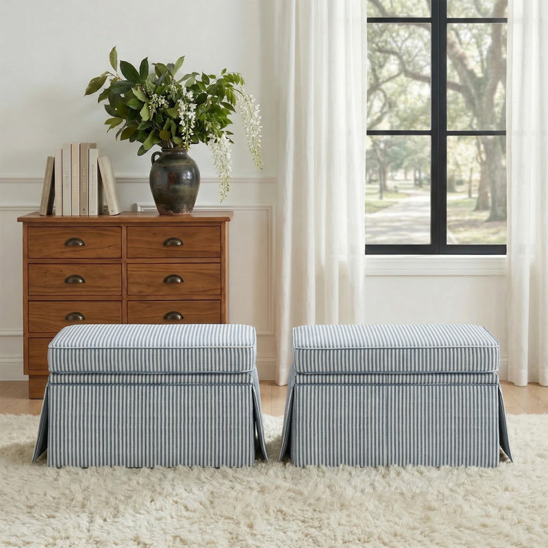 Repose-pieds avec rangement, Mélange de coton bleu à fines rayures