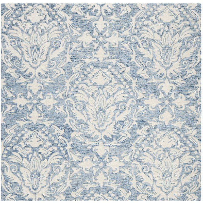 Ferrera Ikat Handmade Tufted Wool Blue / Ivory Area Rug, Square 6'