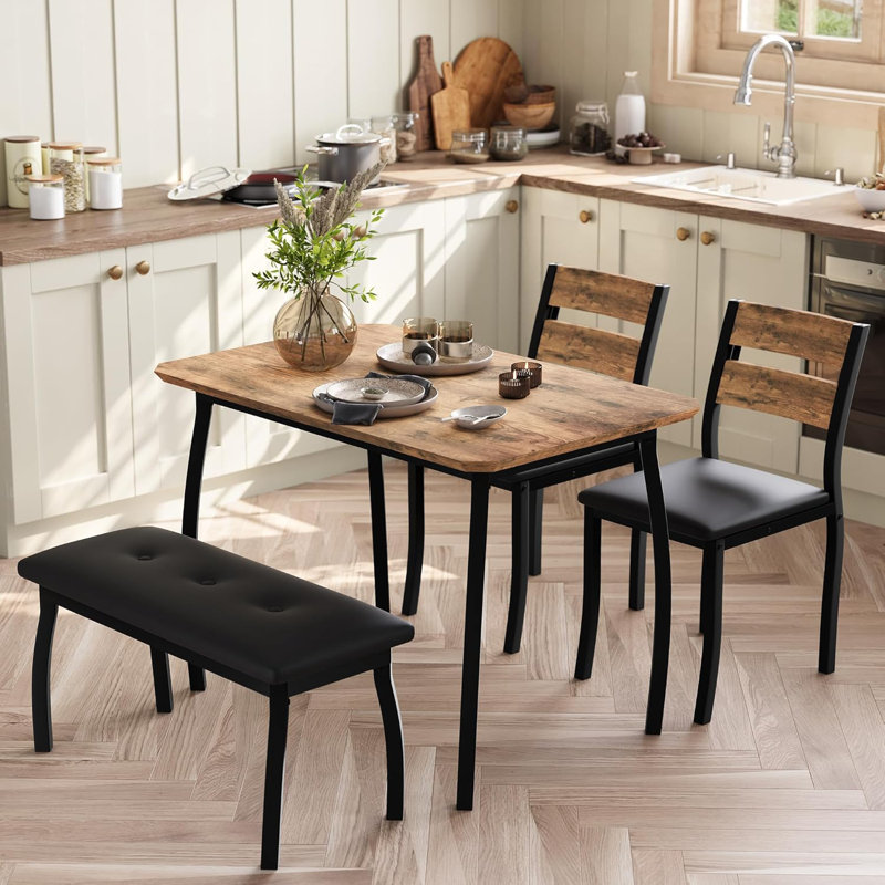 Ensemble de table de salle à manger 43 po pour 4 personnes, table de cuisine en bois avec banc rembourré et 2 chaises coussinées, ensemble de coin-repas industriel pour studio, cuisine, salle à manger, appartement, rétro