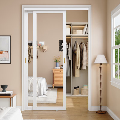 80"H White 1-Panel Mirror Sliding Door with Hardware Kit And Gold Upgrade Handles for Closet and No Assembly Required For Closet,Pantry,Living room