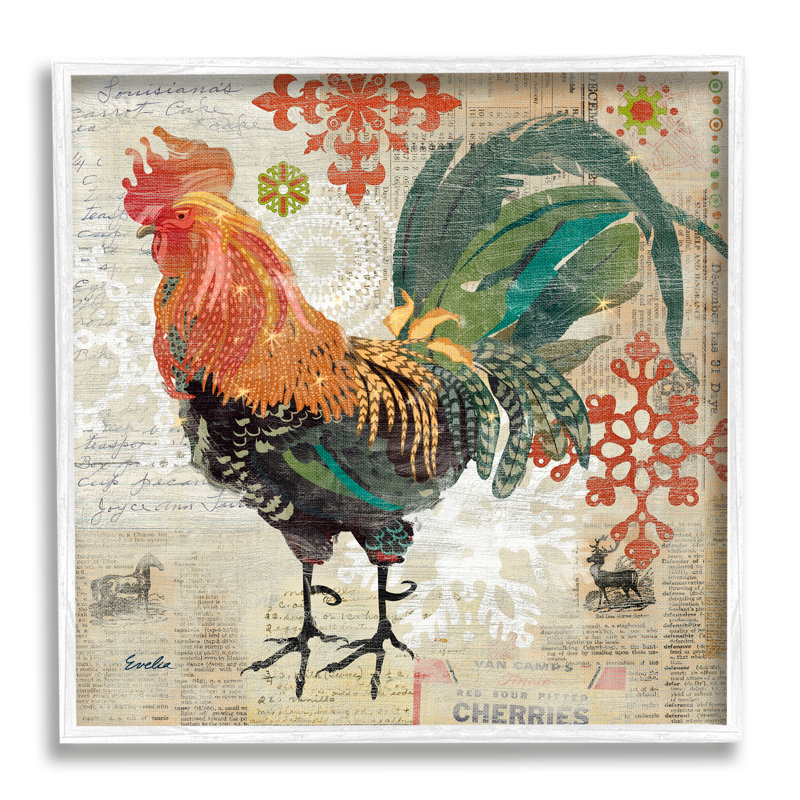 «Kitchen Rooster Farmhouse Collage», impression, H 24 po x l 24 po x P 1,5 po, Giclée encadrée blanc bord de mer