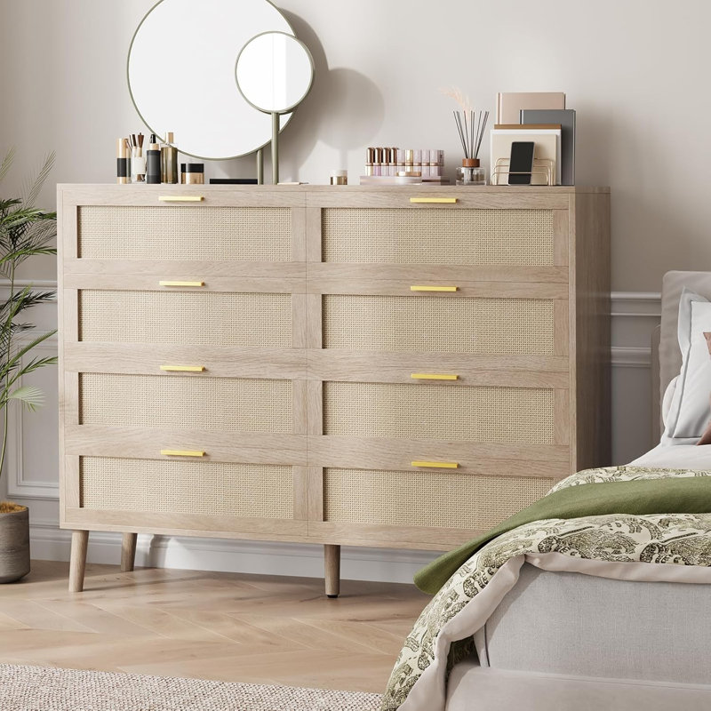 8 Drawer Rattan Dresser,Mid Century Modern Dresser With Handles For Closet,Rattan Chest Of Dressers For Bedroom,Wooden Dresser For Bedroom,Living Room,Oak