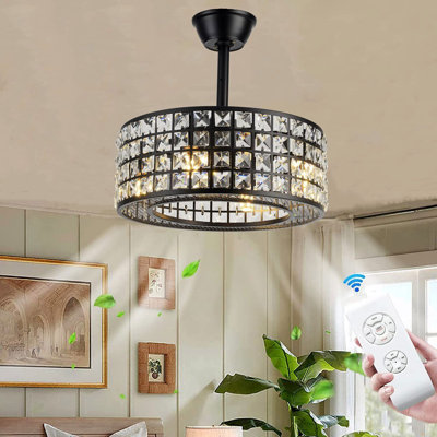 18" 5-Blade Crystal Caged Ceiling Fan with Light | Remote Control, Dimmable Modern Black Chandelier Fan for Bedroom, Dining Room & Living Room (E14 Base)