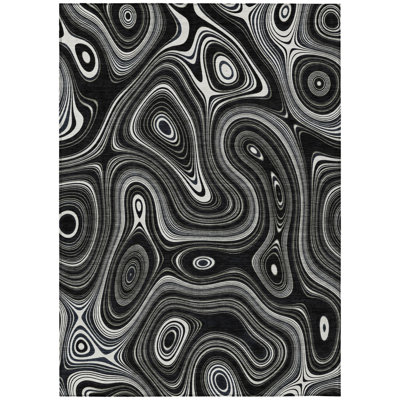 3' X 5' Black And Ivory Geometric Washable Indoor Outdoor Area Rug