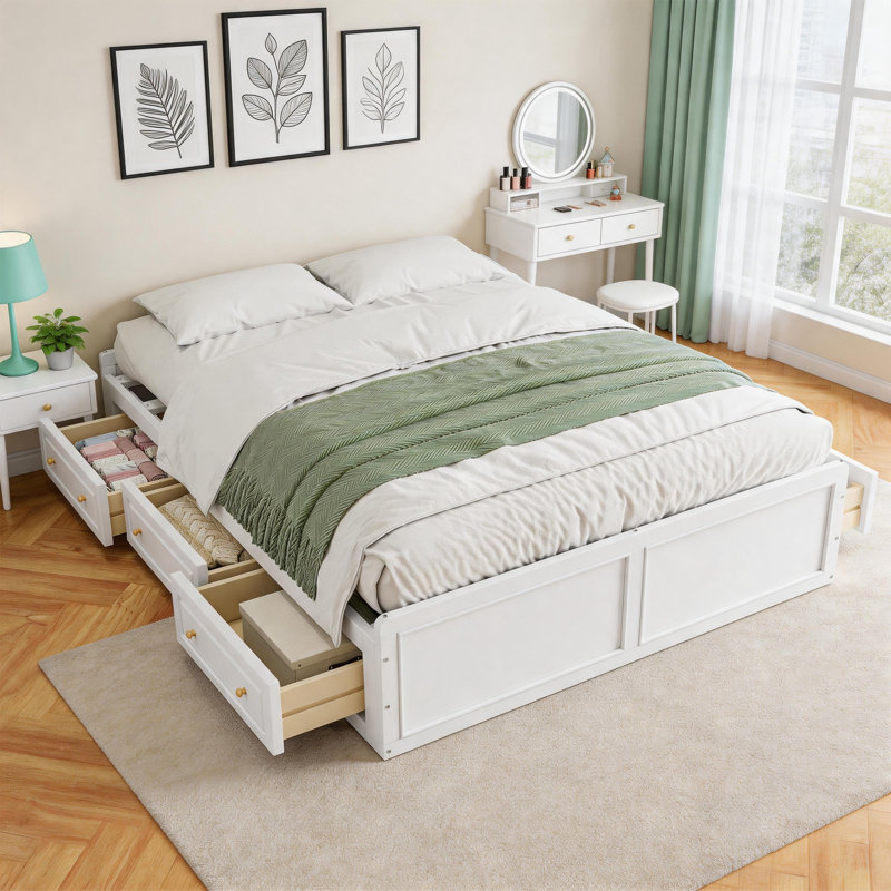 Structure de lit grand blanc avec tiroirs de rangement sous le lit, lit plateforme robuste