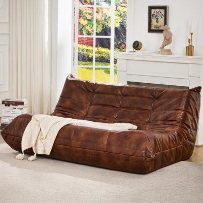 3-Seater Faux Leather Giant Boneless Compression Bean Bag Chair, Ergonomic Memory Foam Bean Bag Couch Anti-Slip Bottom No Assembly Decorative Sofa for Living Room，Brown