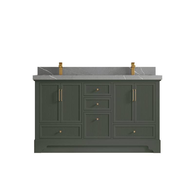 Meuble-lavabo double autoportant de 60 po avec plateau en quartz Alys (option poignées)