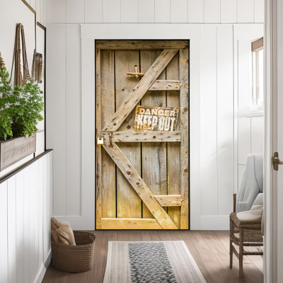 Rustic Danger Sign Door Wrap - Vintage Industrial Self-Adhesive Fabric Door Mural For Unique Décor